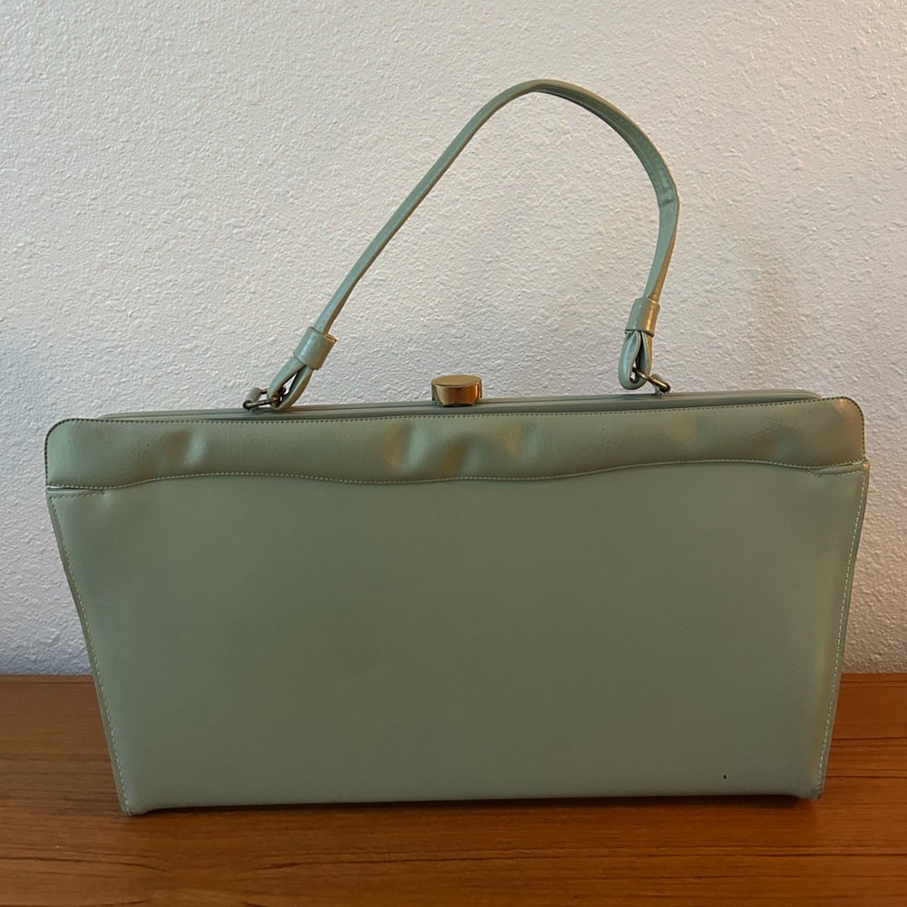 Vintage 1950s 1960s Sage Green East West Vinyl Top Handle Frame Bag Purse